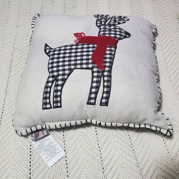 Christmas Plaid Reindeer Wool Blend Throwpillow - Picture 1 of 7